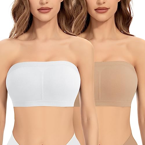 Jiuday Trägerloser BH ohne Gepolstert Bandeau BH BH Trägerlos ohne Bügel Nahtloser Seamless Tube Top Bralette für Damen (Beige+Weiß,2XL) von Jiuday