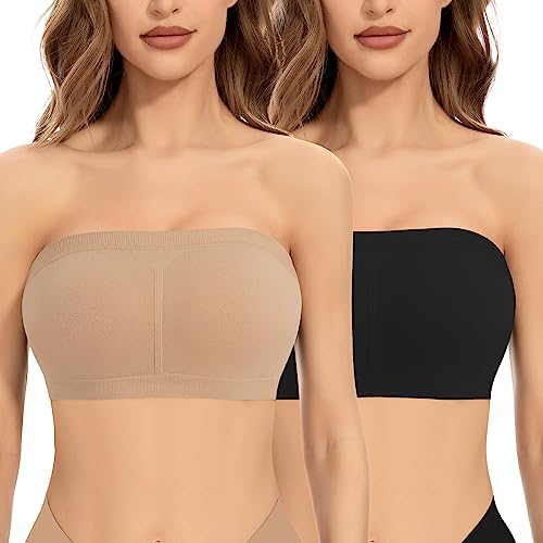 Jiuday Trägerloser BH ohne Gepolstert Bandeau BH BH Trägerlos ohne Bügel Nahtloser Seamless Tube Top Bralette für Damen (Schwarz+Beige,M) von Jiuday