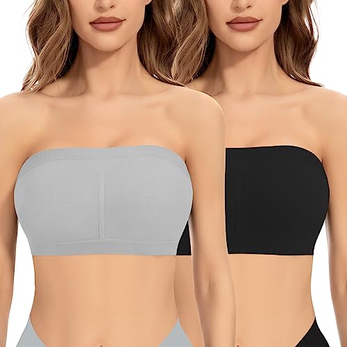 Jiuday Trägerloser BH ohne Gepolstert Bandeau BH BH Trägerlos ohne Bügel Nahtloser Seamless Tube Top Bralette für Damen (Schwarz+Grau,L) von Jiuday