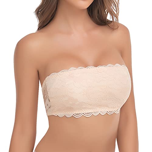 Jiuday Spitze BH ohne Träger Bandeau BH Trägerlos Gepolstert Trägerloser BH ohne Bügel mit Transparenten Trägern (Beige,S) von Jiuday