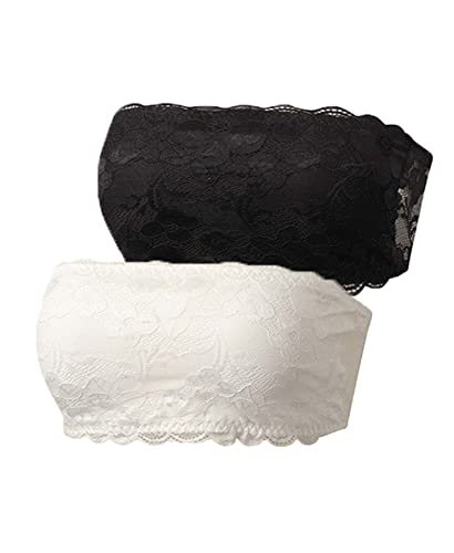 Jiuday Spitze BH ohne Träger Bandeau BH Trägerlos Gepolstert Trägerloser BH ohne Bügel mit Transparenten Trägern (Schwarz+Weiß,M) von Jiuday