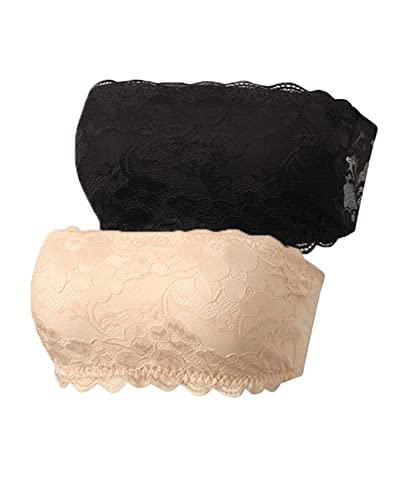 Jiuday Spitze BH ohne Träger Bandeau BH Trägerlos Gepolstert Trägerloser BH ohne Bügel mit Transparenten Trägern (Schwarz+beige,M) von Jiuday