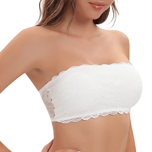 Jiuday Spitze BH ohne Träger Bandeau BH Trägerlos Gepolstert Trägerloser BH ohne Bügel mit Transparenten Trägern (Weiß,L) von Jiuday