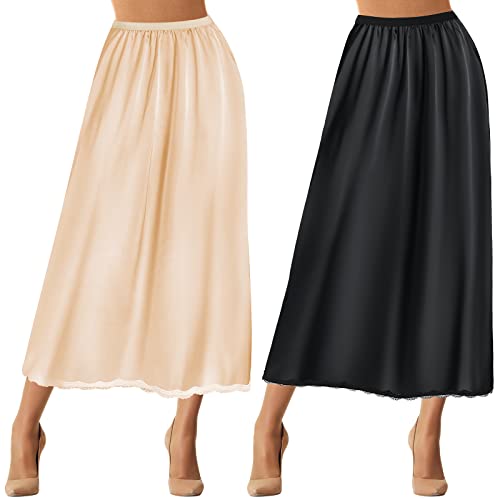 2 Stück Halber Slip Spitze Langer Unterrock Damen Satin Halber Slip Halber Slips für Unter Kleider Slip, Schwarz, Beige, Large von Jiuguva