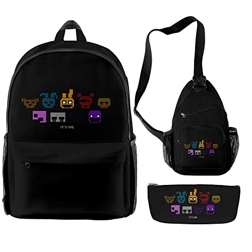 Jiumaocleu 3Pcs/Set FNAF Canvas Schultasche Five Nights Games Druck Rucksack Animes Schultaschen Umhängetasche Federmäppchen für Schüler Kinder von Jiumaocleu