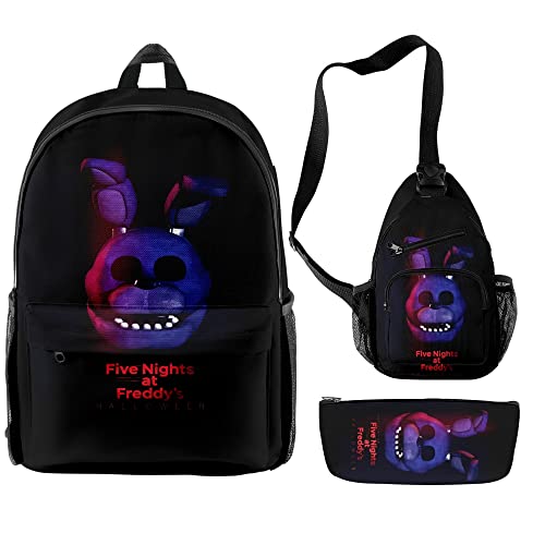 Jiumaocleu 3Pcs/Set FNAF Canvas Schultasche Five Nights Games Druck Rucksack Animes Schultaschen Umhängetasche Federmäppchen für Schüler Kinder von Jiumaocleu