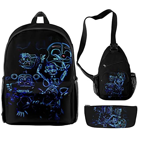 Jiumaocleu 3Pcs/Set FNAF Canvas Schultasche Five Nights Games Druck Rucksack Animes Schultaschen Umhängetasche Federmäppchen für Schüler Kinder von Jiumaocleu