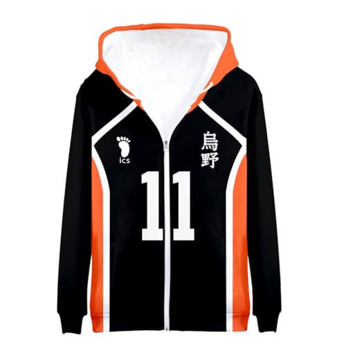 Jiumaocleu Anime Haikyuu Hoodie Reißverschluss Sweatjacke Karasuno Uniform Hinata Shoyo Cosplay Sweatshirt Langarm Kapuzenpullover Tops XXS-4XL, Nr. 11 Tsukishima Kei, XXL von Jiumaocleu