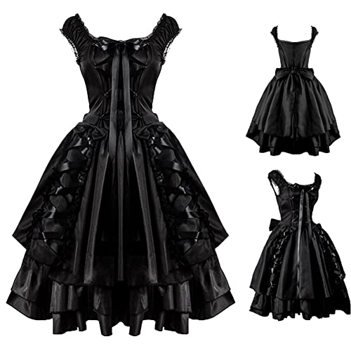 Jiumaocleu Damen schwarzes Gothic-Kleid, geschichtetes Schnürschuh, ärmellos, Party, Abschlussball, Halloween-Kostüme von Jiumaocleu