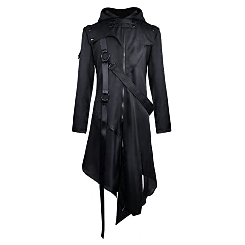 Jiumaocleu Herren Lange Tenchcoats Steampunk Vintage Kapuzenjacke Winddicht Warm Mittelalter Gothic Viktorianischen Unregelmäßigen Frack Halloween Weihnachten Kostüm S-5XL, Schwarz , 4XL von Jiumaocleu