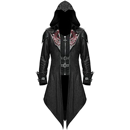 Jiumaocleu Herren Trenchcoat Gothic Kostüm Kapuzenjacke Mittelalter Umhang Viktorianischer Schwanzmantel Steampunk Mittelalter Halloween Maskerade Retro Spleißen Kostüm Mantel S-5XL, Schwarz , XXL von Jiumaocleu