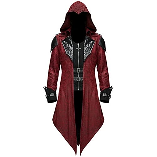 Jiumaocleu Herren Trenchcoat Gothic Kostüm Kapuzenjacke Mittelalter Umhang Viktorianischer Schwanzmantel Steampunk Mittelalter Halloween Maskerade Retro Spleißen Kostüm Mantel S-5XL, rot, S von Jiumaocleu