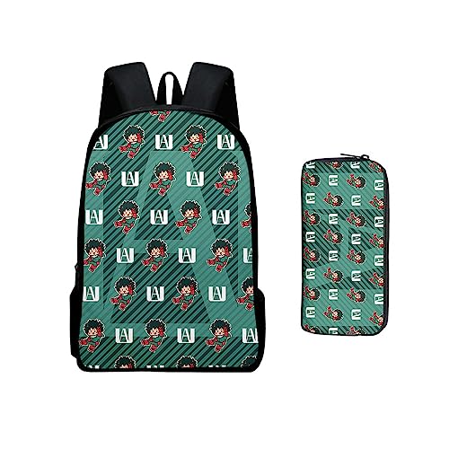 Jiumaocleu MHA Schultasche und Federmäppchen-Set, My Hero Academia Rucksack, grünes Federmäppchen, großes Fassungsvermögen, Büchertasche, Stifttasche, Schreibwaren-Organizer für Schüler von Jiumaocleu