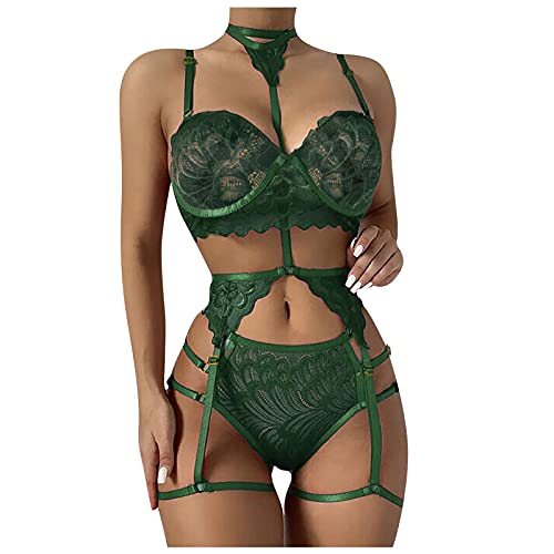 Jiyuantm Damen Durchsichtige Unterwäsche Sexy Erotisch Dessous Set mit Spitze BH Und String Tanga Damen Reizwäsche Lingerie Unterwäsche Bodys Negligee Babydoll Nachtwäsche Grün von Jiyuantm