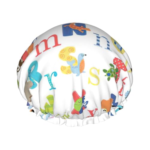 Vielseitiger Duschhut mit Tier-Alphabet-Druck, für Damen und Herren, wiederverwendbar, leicht, weich, Badekappe von Jkkghll