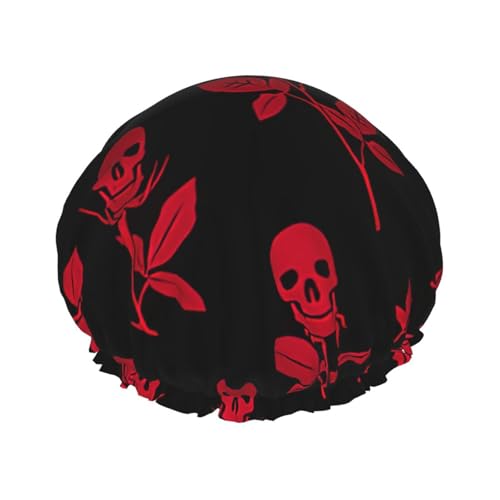 Vielseitiger Duschhut mit Totenkopf-Rosen-Druck, für Damen und Herren, wiederverwendbar, leicht, weich, Badekappe von Jkkghll