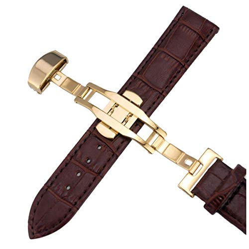 Lederband Rose Gold Faltschließe Uhrenarmband-Armband für Uhrenarmband 14-24mm Gold Dunkelbraun,12mm von Jksdp