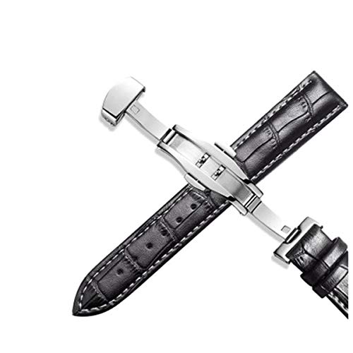 Uhrenarmband Leder 20mm 22mm Edelstahl-Schmetterlings-Bügel 12-24mm Uhrenarmbänder Schwarz White Line,14mm von Jksdp