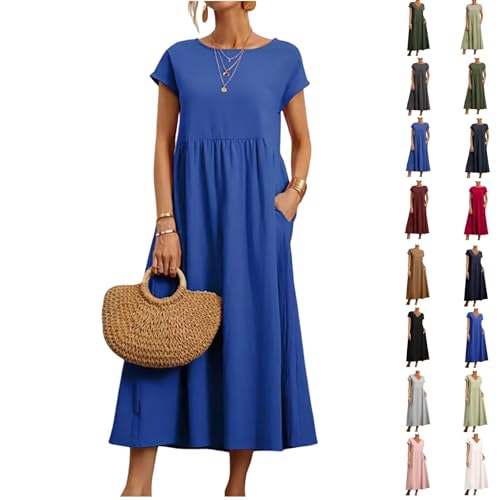 JkyKnowo Sommerkleid Damen Leicht und Luftig Leinenkleider Rundhalsausschnitt/V-Ausschnitt Blusenkleid Musselin Kleid Lang Freizeitkleid Eelegant Bequem Strandkleider mit Tasche Boho Lässiges Dress von JkyKnowo