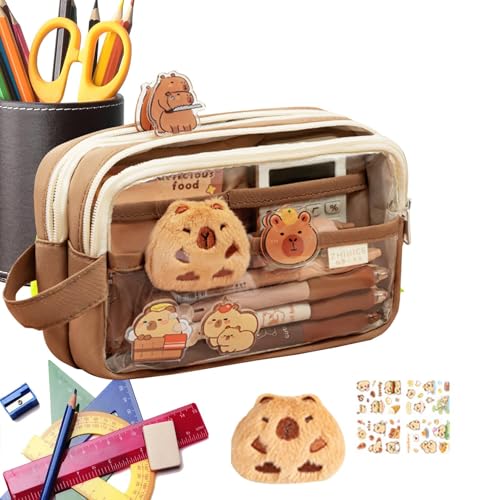 Jlkegfdf Federmäppchen, großes Fassungsvermögen, mehrschichtiges Capybara-Federmäppchen, Schreibwaren-Tasche, niedliches Federmäppchen mit Capybara-Plüsch, Haftnotizen, transparentes mehrlagiges von Jlkegfdf