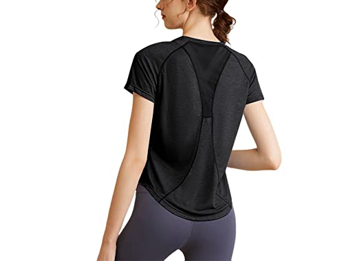 Jlowesun Damen Fitness Sportshirt, Kurzarm-Rücken-Mesh-Training Yoga Top Gym Top losen Fit Summer Schnell trockene Aktivkleidung Langes Sport-T-Shirt für Damen Laufübungen von Jlowesun