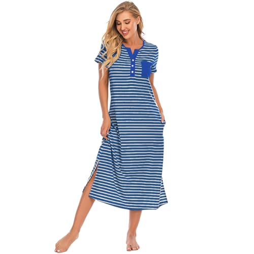 Jlowesun Nachthemd Damen Baumwolle Dessous Sleep Lounge Pyjama Streifen Lang Nachthemden Nachtwäsche Sleepshirt Kurzarm Weiches Schlafkleid Schlafshirt mit Knöpfen und Taschen von Jlowesun