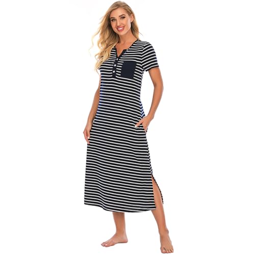 Jlowesun Nachthemd Damen Lang Baumwolle Baggy Nachthemden Nachtwäsche Plus Size Sleepshirt Kurzarm V-Ausschnitt Schlafkleid Schlafshirt Lässige mit Taschen Knopfleiste von Jlowesun
