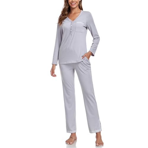 Jlowesun Schlafanzug Damen Lang Baumwolle,Pyjama Set Frottee Schlafanzüge Nachtwäsche Teenager Mädchen V-Ausschnitt Knopfleiste Langarm Zweiteiliger Loungewear Stillschlafanzug Taschen Kordelzug von Jlowesun