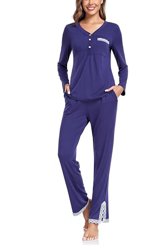 Jlowesun Schlafanzug Damen Lang Baumwolle,Pyjama Set Frottee Schlafanzüge Nachtwäsche Teenager Mädchen V-Ausschnitt Knopfleiste Langarm Zweiteiliger Loungewear Stillschlafanzug Taschen Kordelzug von Jlowesun