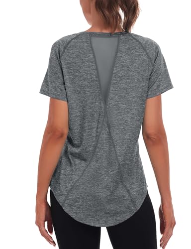 Jlowesun Sportshirt Damen Kurzarm,Leichtes Atmungsaktiv Funktions Back Mesh Sport Oberteile Damen,Rundhals Sport Top Frauen Passend für Fitness Laufshirt Yoga von Jlowesun