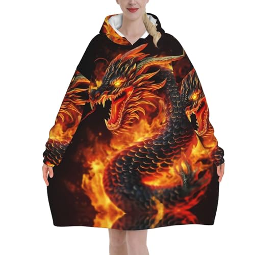 Jmorco Fire Chinese Dragon Decke Hoodie für Damen und Herren, übergroßer Sherpa-Kapuzenpullover, tragbarer Hoodie, Sweatshirt, Decke, 320 g, Flanell-Decke, Hoodie, Feuerchinesischer Drache, XL/XXL von Jmorco