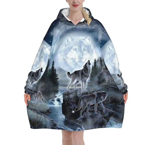 Jmorco Moon Wolf Decke Hoodie übergroße tragbare Kapuzendecke warme Überwurfdecke Sweatshirt für Damen Herren Teenager 280 g Flanell, Moon Wolf, XL/XXL von JMORCO