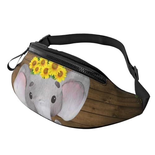 Schwarze und weiße Blumen Sport Hüfttasche Reise Bauchtasche Laufen Bauchtasche mit verstellbarem Gürtel für Männer Frauen, Sonnenblumen-Elefant Holzboden, Einheitsgröße von Jmorco