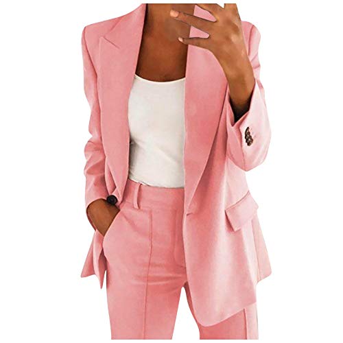 Jmwedia Blazer Pink, Elegant Langarm Einfarbig Mantel Jacke Revers Geschäft Büro Anzugjacke Lang Mit Tasche Sakko Anzug Business Longblazer Frühling Sommer Herbst Trenchcoat von Jmwedia