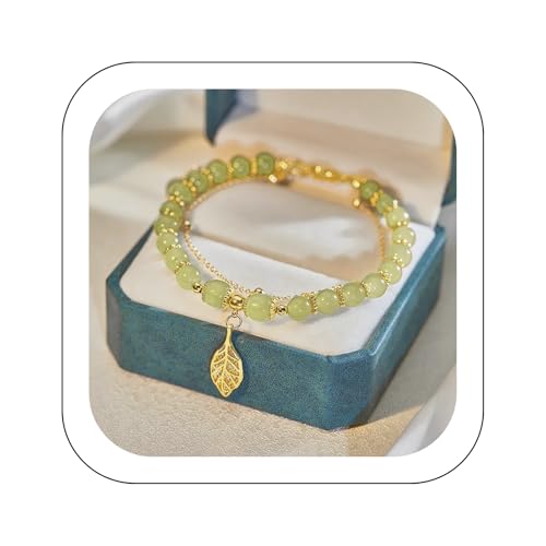 Jmwedia Hetian Jade Blattgold Armband Natürliche für Frauen, Feng Shui Armband für Liebe Geld Gesundheit Doppelschicht Glücksgeschenk Bring Glück Reichtum Amulett von Jmwedia