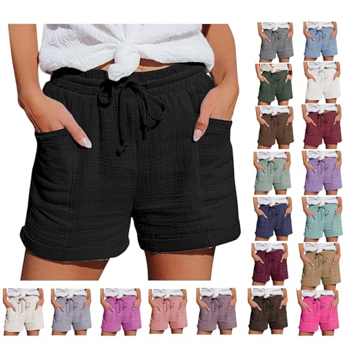 Jmwedia Kurze Hose Damen,Shorts Damen Sommer Musselin Leinen Kurze Hose Baggy Beach Shorts Mit Taschen Elastische Taille Stretchy Gerades Bein Bermuda Lässige Freizeit Short Mit Kordelzug Leinenhose von Jmwedia
