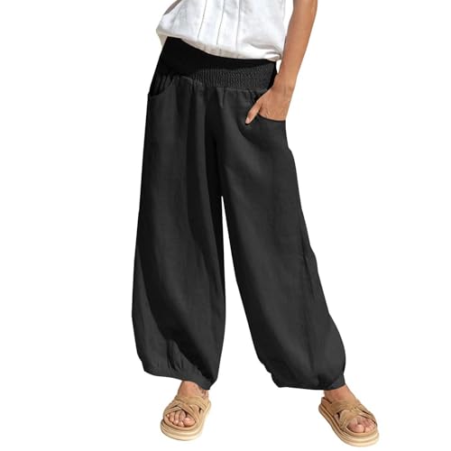 Jmwedia Leinenhose Sommerhose Damen Bequeme Harem Musselin Hose Leichte Weite Baumwolle Freizeithose Elegant Sommerhose Elastische Taille Stoffhose Loose Fit Strandhose mit Taschen von Jmwedia