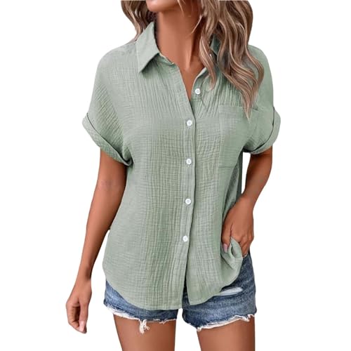 Jmwedia Musselin Bluse Damen,Leinenbluse Damen,Sommer Button-Down Leinenhemd Oberteile Oversized V Ausschnitt Leinenbluse Bluse Große Leinen Kleidung Musselin Hemd Solide Damenblusen Tunika von Jmwedia
