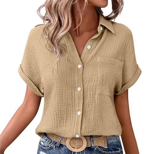 Jmwedia Musselin Bluse Damen,Leinenbluse Damen,Sommer Button-Down Leinenhemd Oberteile Oversized V Ausschnitt Leinenbluse Bluse Große Leinen Kleidung Musselin Hemd Solide Damenblusen Tunika von Jmwedia