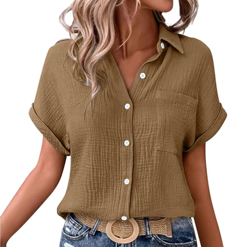 Jmwedia Musselin Bluse Damen,Leinenbluse Damen,Sommer Button-Down Leinenhemd Oberteile Oversized V Ausschnitt Leinenbluse Bluse Große Leinen Kleidung Musselin Hemd Solide Damenblusen Tunika von Jmwedia