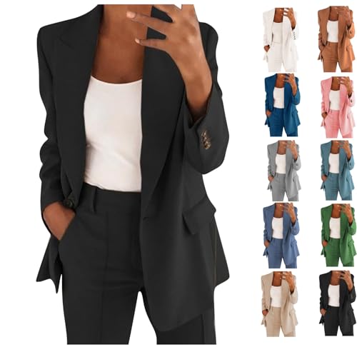 Jmwedia longblazer damen schwarz Elegant Langarm Einfarbig Mantel Jacke Revers Geschäft Büro Anzugjacke Lang Mit Tasche Sakko Anzug Business Longblazer Frühling Sommer Herbst Trenchcoat von Jmwedia
