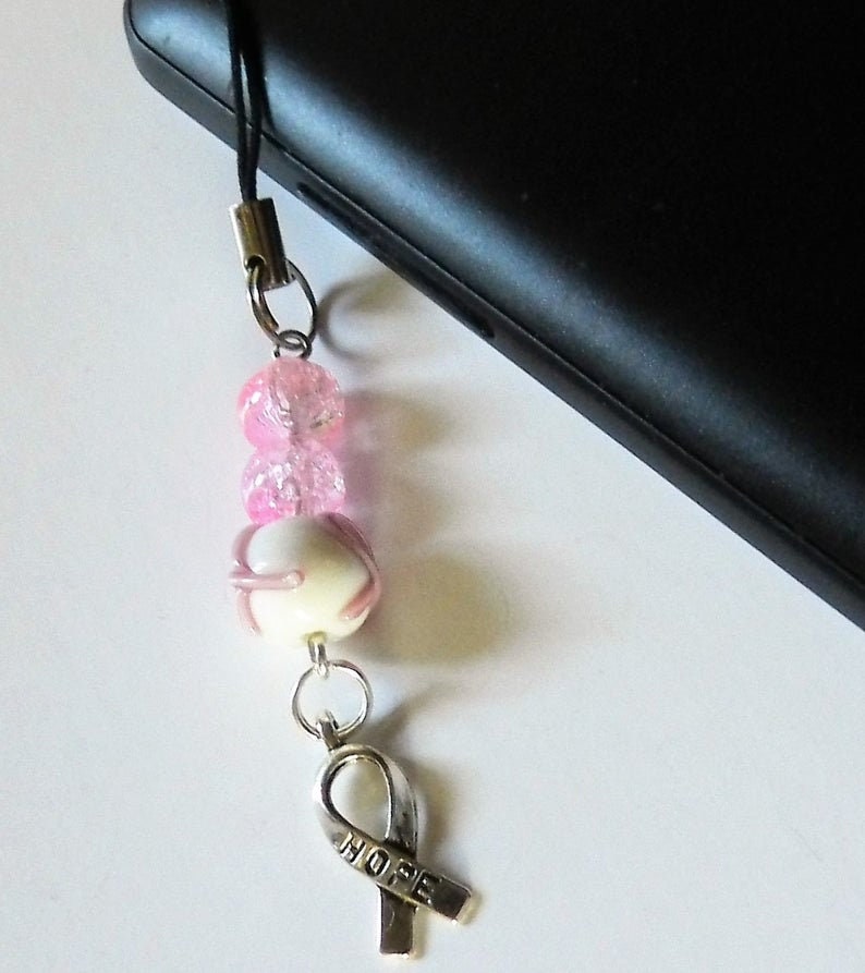 Silber Hope Ribbon Rosa Weiß Perlen Telefon Bling Zp5492 Bereit Zum Versand von JnJGiftsHandmade