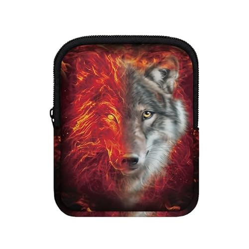 Jndtueit 3D Wolf Wasserflasche Reißverschluss Beutel für Tumbler Cup Zubehör, Flamme Wölfe Tasse Beutel Tragbare Gürteltasche, Lebendige Tier Geldbörse von Jndtueit