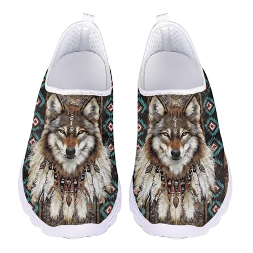 Jndtueit Arbeitsschuhe mit breiter Zehenpartie, Tennis, Büro, Netzschuhe für Damen, Lauf-Sneaker, Wolf Aztec Tribe Ethnic Brown, 37 EU von Jndtueit