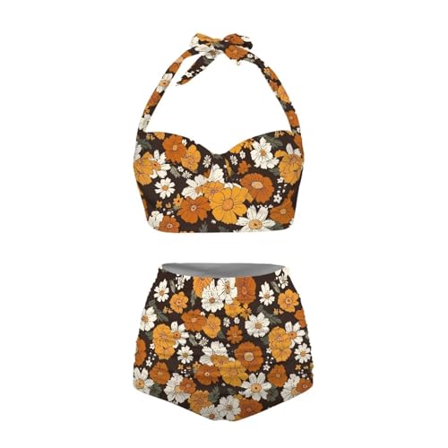 Jndtueit Butterfly Damen Retro Rüschen Hohe Taille Bikini Set Flagge Tankini Badeanzüge Bauchweg Bademode, 70er Jahre Hippie-Blumen, Medium von Jndtueit
