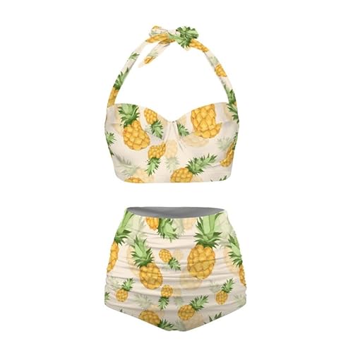 Jndtueit Butterfly Damen Retro Rüschen Hohe Taille Bikini Set Flagge Tankini Badeanzüge Bauchweg Bademode, Cartoon-Ananas, Large von Jndtueit