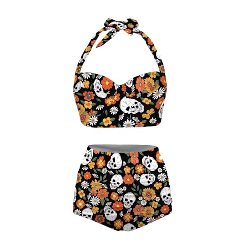 Jndtueit Butterfly Damen Retro Rüschen Hohe Taille Bikini Set Flagge Tankini Badeanzüge Bauchweg Bademode, Gothic-Totenkopf-Blum, XL von Jndtueit