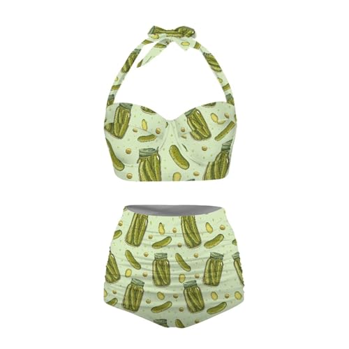 Jndtueit Butterfly Damen Retro Rüschen Hohe Taille Bikini Set Flagge Tankini Badeanzüge Bauchweg Bademode, Gurken, XX-Large von Jndtueit