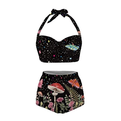 Jndtueit Butterfly Damen Retro Rüschen Hohe Taille Bikini Set Flagge Tankini Badeanzüge Bauchweg Bademode, Mushroon Butterfly-2, Large von Jndtueit