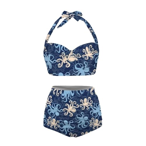 Jndtueit Butterfly Damen Retro Rüschen Hohe Taille Bikini Set Flagge Tankini Badeanzüge Bauchweg Bademode, Oktopus, Large von Jndtueit